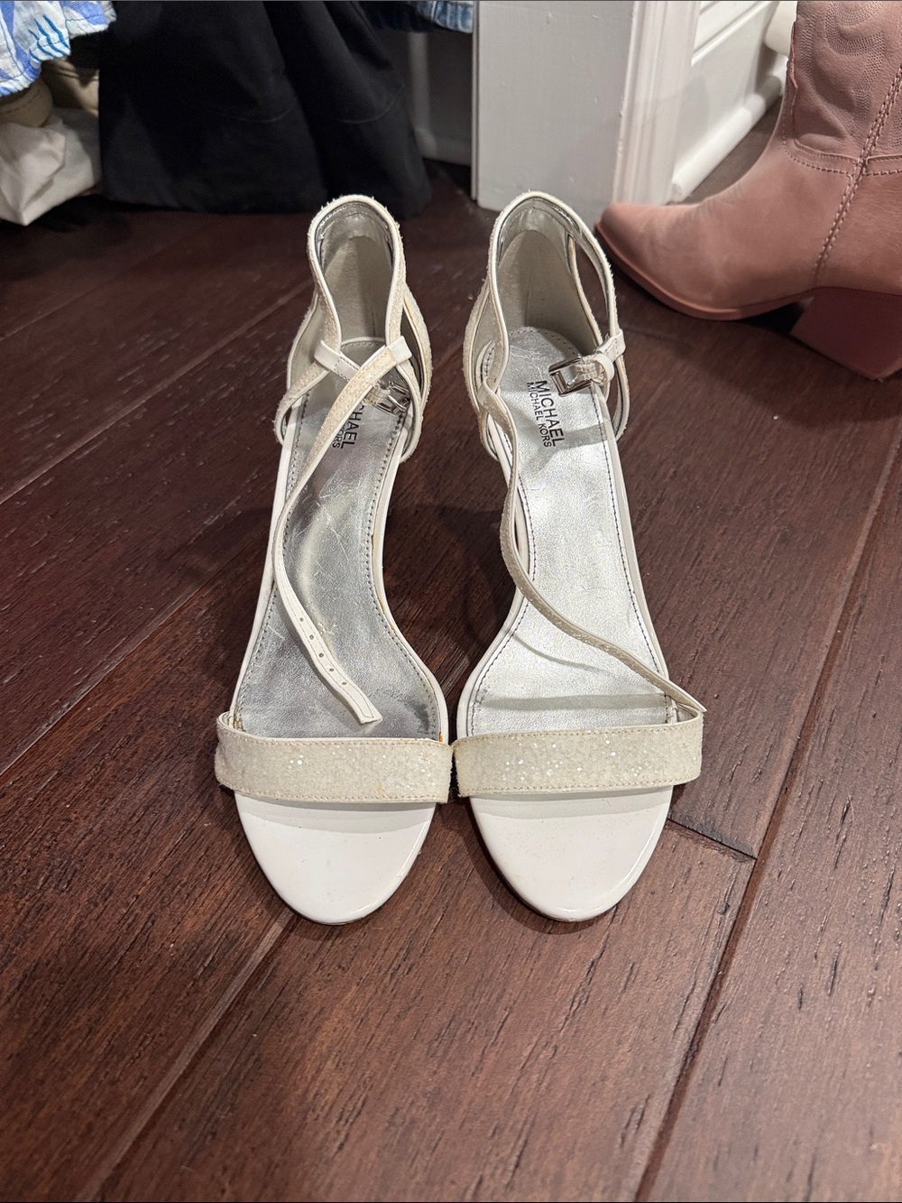 Michael Kors White Glitter Ankle-Strap Heels
